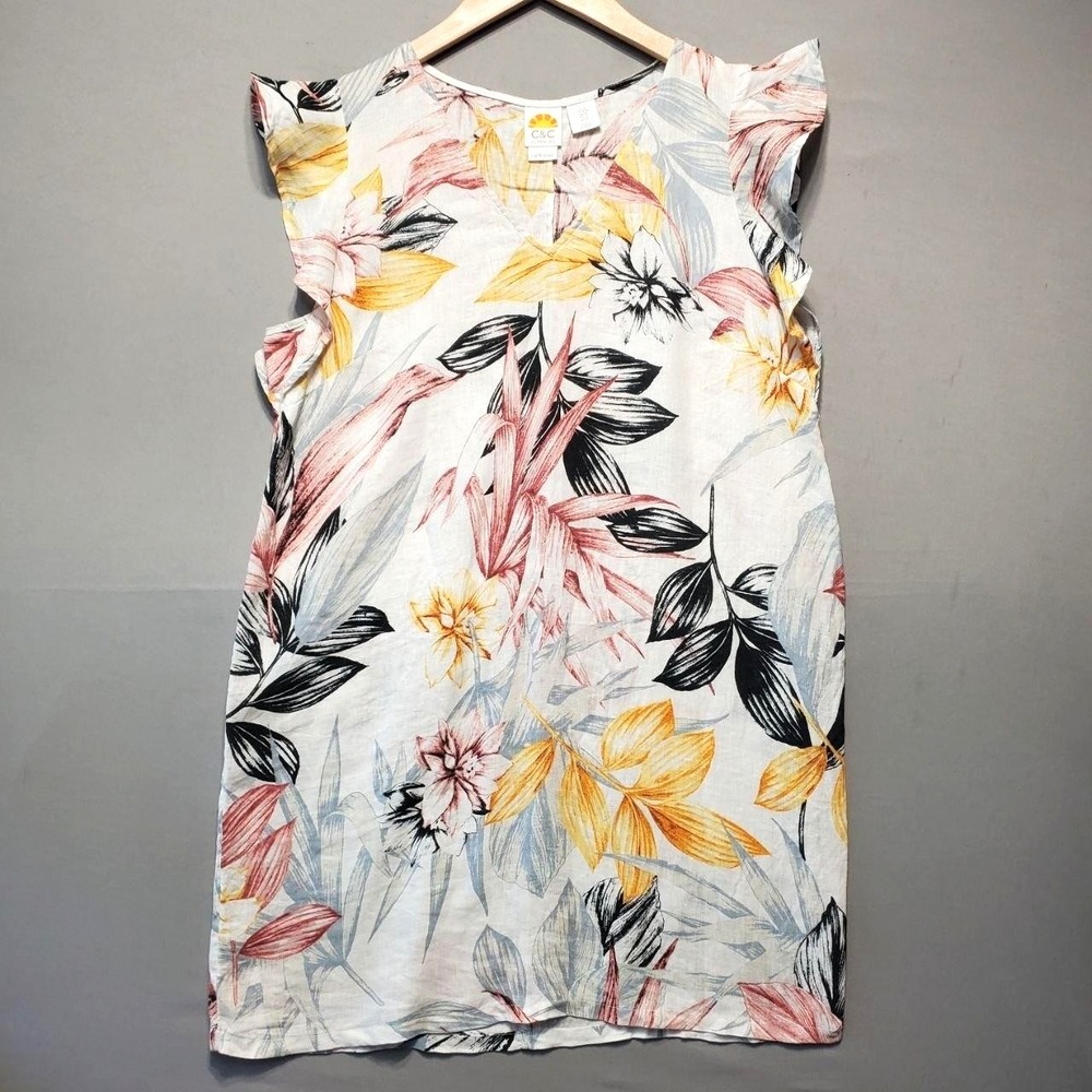 C&C California 100% Linen Sundress Womens M White Floral Tropical Boho Beach